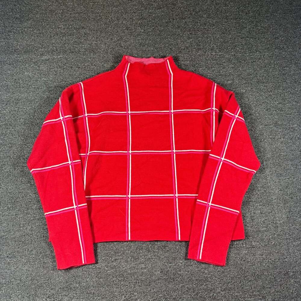Tahari Mock Turtleneck Sweater Size XL Red White Pink Plaid Grid